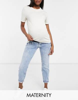 River Island Maternity comfort stretch overbump mom jeans in mid blue