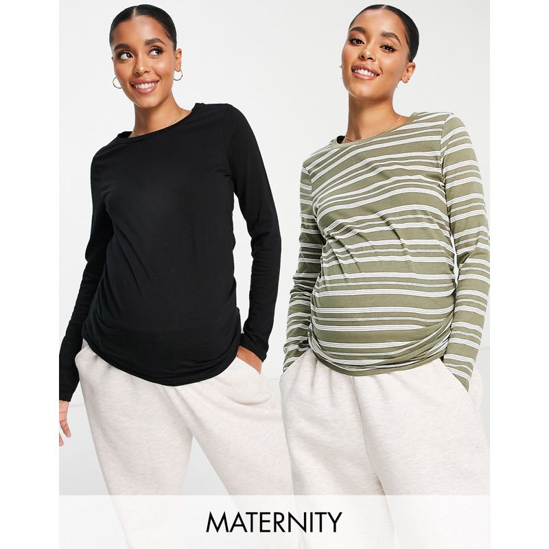  IUt8C River Island Maternity - Confezione da due paia di T-shirt a maniche lunghe in kaki a righe e nero