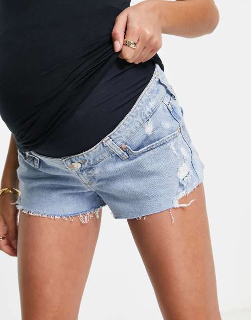 Blue Distressed Petite Maternity Denim Shorts