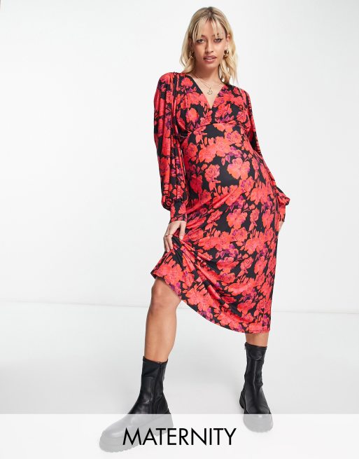 River Island Maternity floral batwing dress in red ASOS