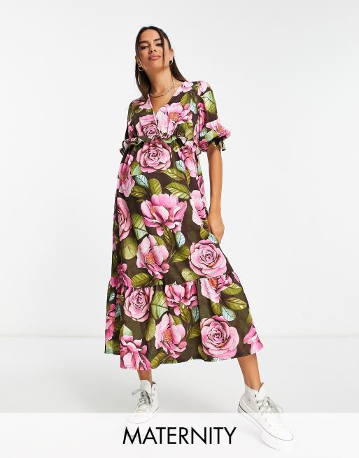 Topshop Maternity Midi Smock Dress in Black Floral Print