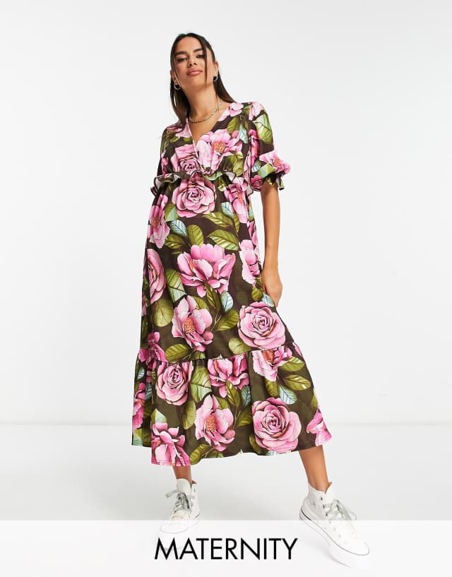 River Island Maternity - floral print smock midi dress in pink