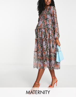 River Island Maternity Ruched Sleeve Floral Midi Dress In Black | ModeSens