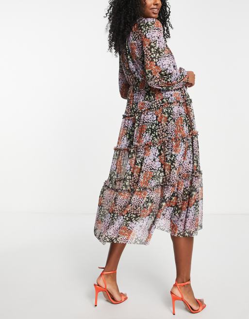 River Island Maternity floral print tiered midi dress in black, 3 of 4