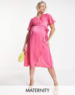 River Island Maternity Flutter Sleeve Satin Wrap Midi Dress In Bright Pink