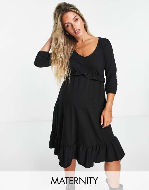 River Island Maternity frill smock mini dress in black ASOS
