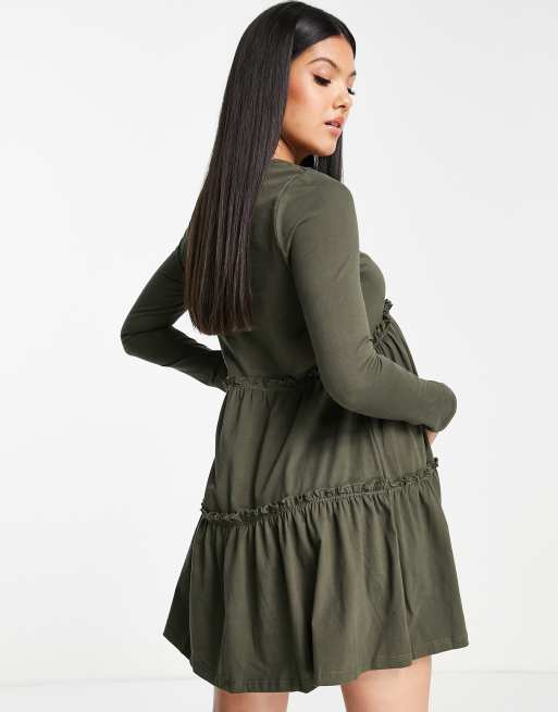 River Island Maternity - Langærmet khakifarvet minikjole i flere lag med smock, 2 af 4