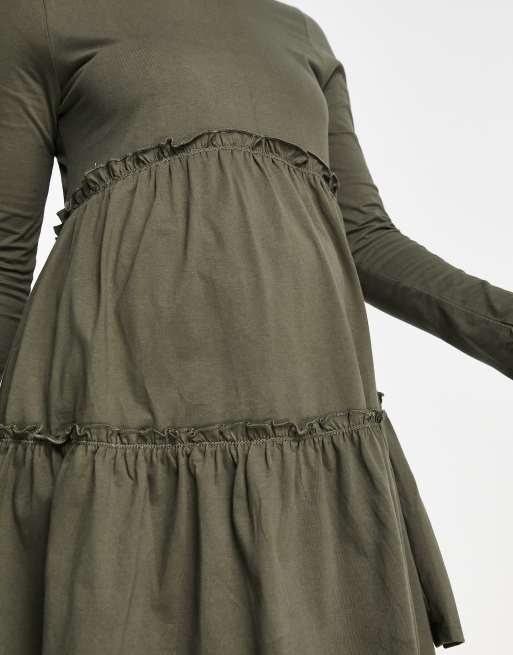 River Island Maternity - Langærmet khakifarvet minikjole i flere lag med smock, 3 af 4