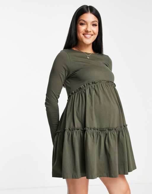 River Island Maternity - Langærmet khakifarvet minikjole i flere lag med smock, 4 af 4