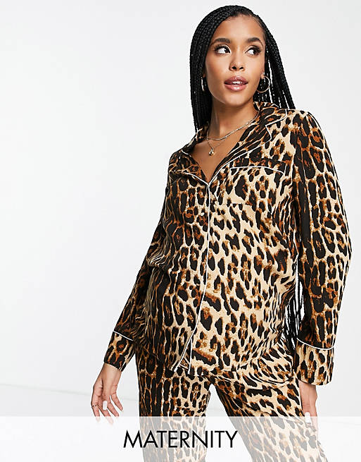 River Island Maternity leopard print satin pyjama shirt in brown (Part of a set)