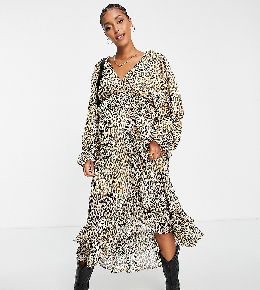 River Island Maternity leopard print wrap midi dress in beige-Neutral