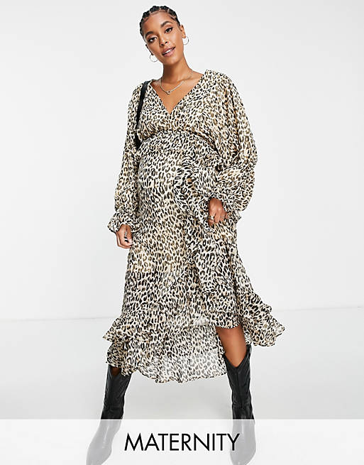 River Island Maternity leopard print wrap midi dress in beige