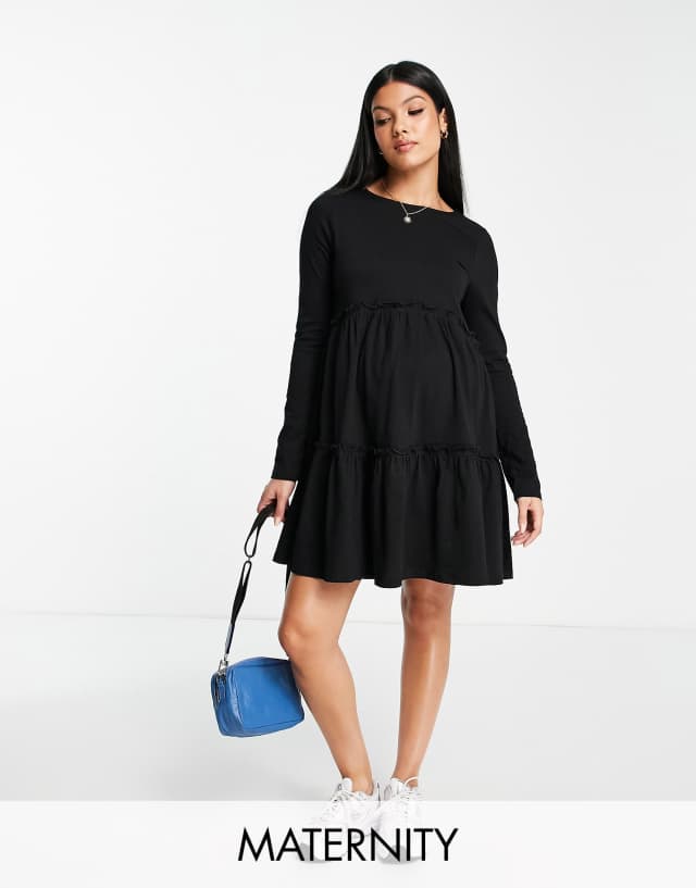 River Island Maternity long sleeved tiered smock mini t-shirt dress in black