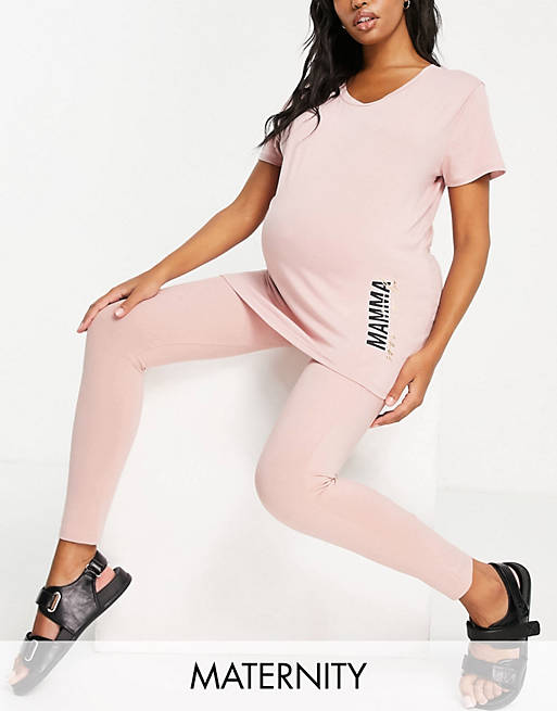 River Island Maternity mama slogan cotton scoop t-shirt co-ord in pink - PINK