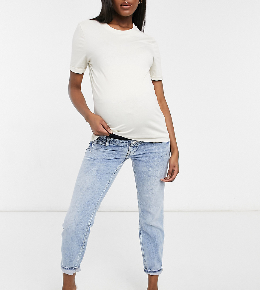 River Island – Maternity – Mellanblå mom jeans med behaglig stretch och band över magen