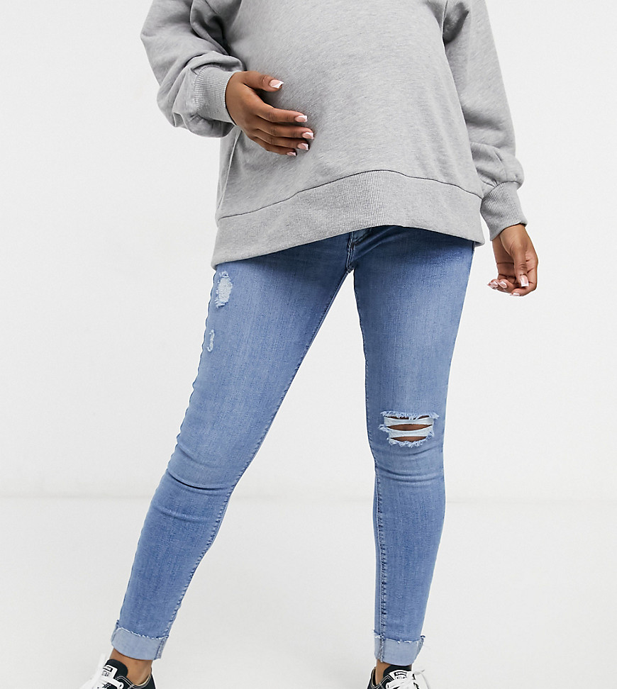 River Island Maternity Molly overbump ripped skinny jeans in mid authentic blue