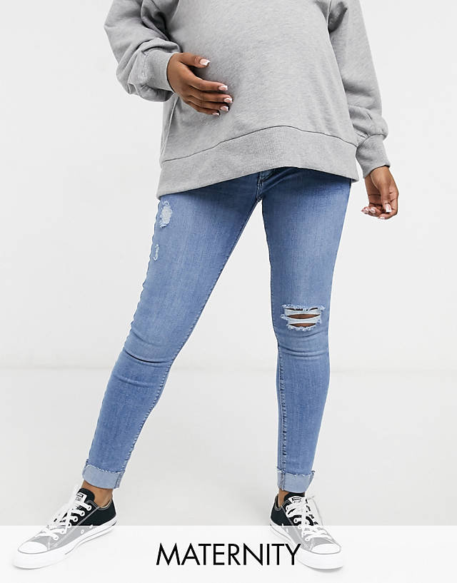 River Island Maternity - molly overbump ripped skinny jeans in mid authentic blue