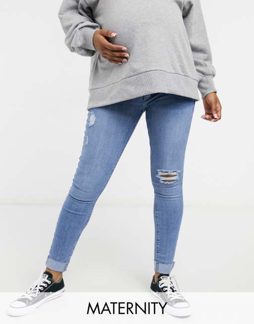 River Island Maternity Molly overbump ripped skinny jeans in mid