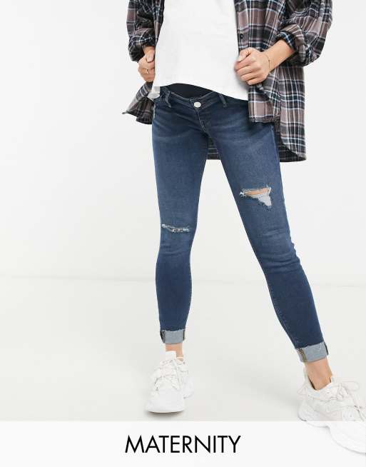 River Island Maternity Molly ripped knee turnup overbump skinny jeans