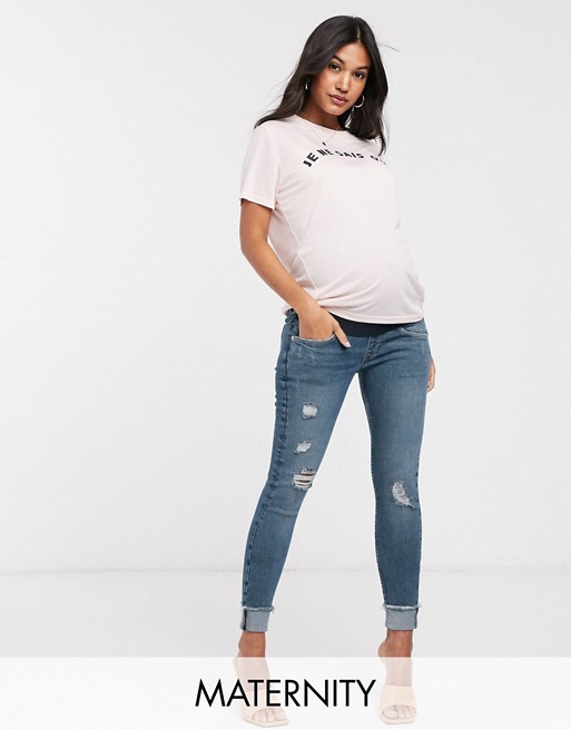 River Island Maternity overbump distressed jeans in mid blue