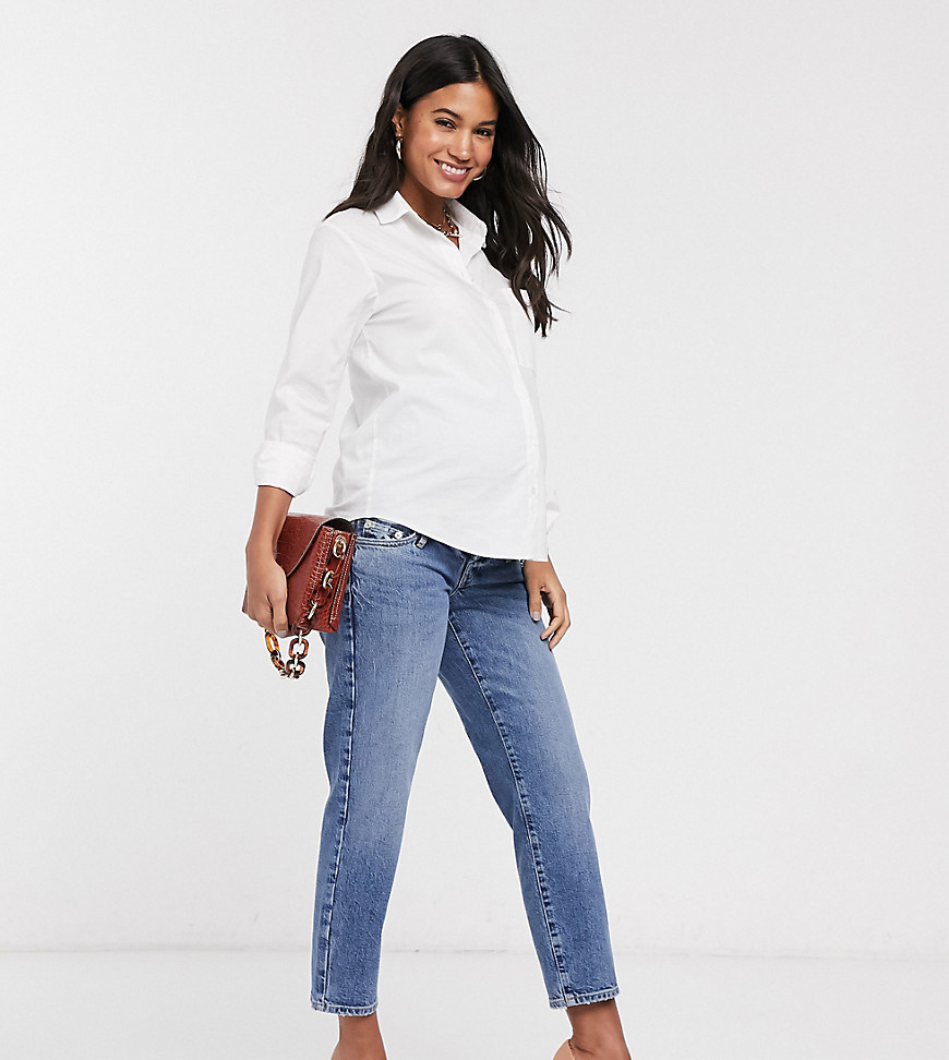 River Island Maternity overbump straight leg jeans in mid auth-Blues