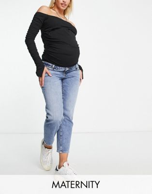 River Island Maternity overbump straight leg jeans in mid blue - ASOS Price Checker