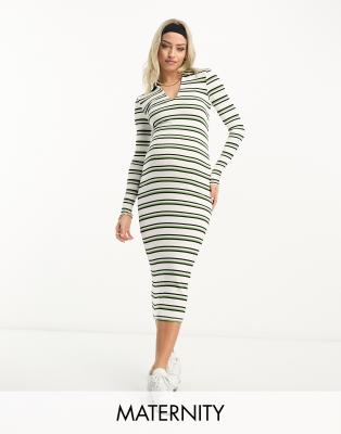 River Island Maternity polo jersey body-conscious midi dress in cream and green stripe-White