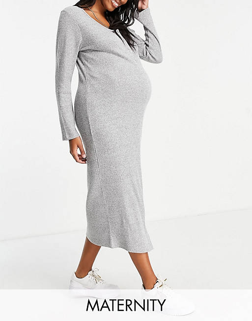 River Island Maternity ribbed jersey press-stud front midi dress in grey marle
