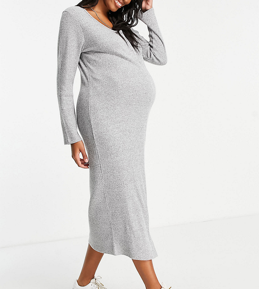 River Island Maternity ribbed jersey snap front midi dress in gray heather-Grey