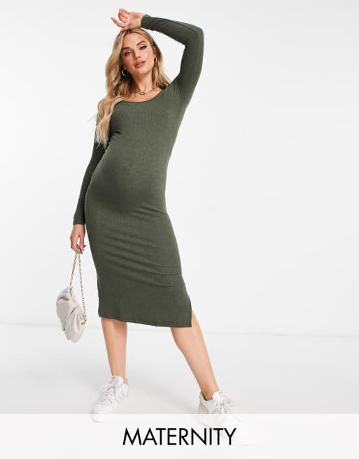 River Island Maternity ribbed midi dress in khaki ASOS
