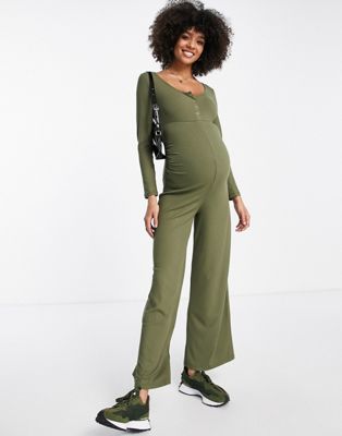 River Island Maternity ribbed popper front jumpsuit in khaki