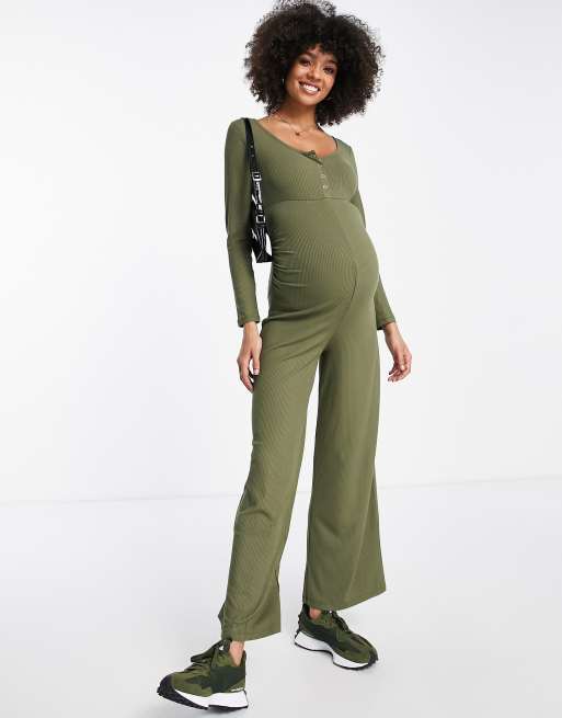 River Island Maternity ribbed snap front jumpsuit in khaki ASOS