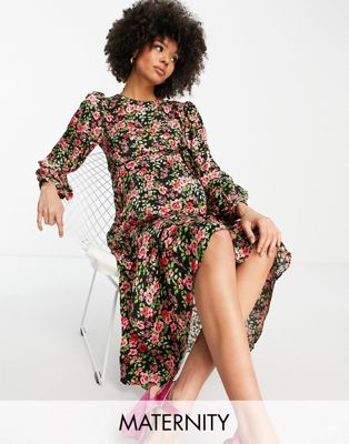 River Island Maternity ruched sleeve floral midi dress in black