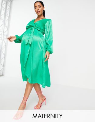 River Island Maternity satin wrap midi dress in bright green