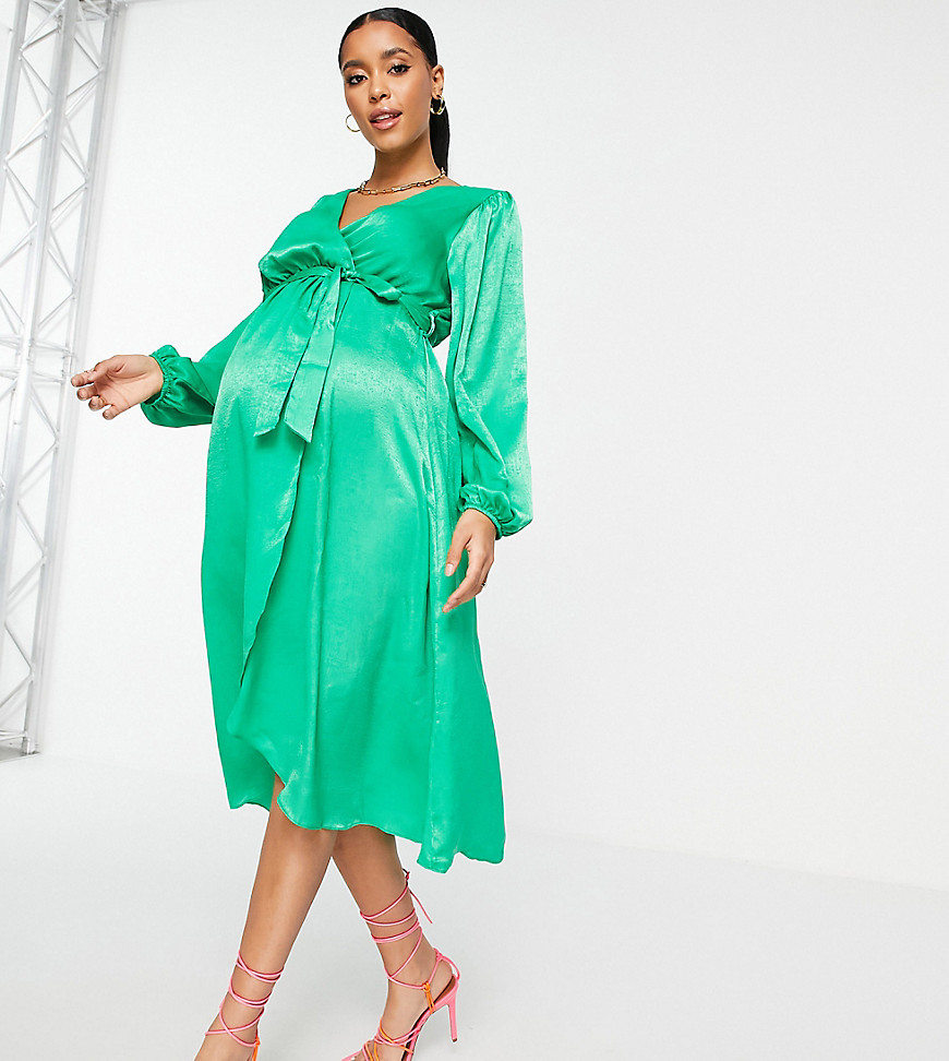 River Island Maternity satin wrap midi dress in bright green
