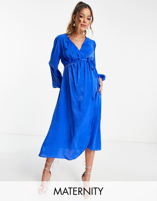 River Island Maternity satin wrap midi dress in cobalt blue | ASOS