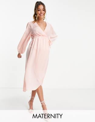 River Island Maternity River Island Maternity satin wrap midi dress in pink