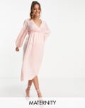 [River Island Maternity] River Island Maternity satin wrap midi dress in pink 8 PINK