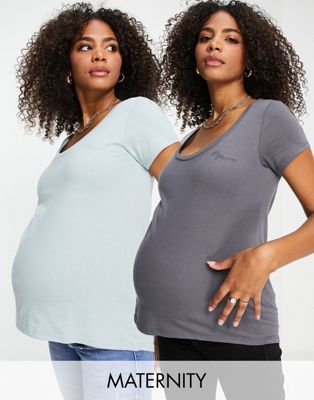River Island Maternity scoop neck 2 pack t-shirts in charcoal and green