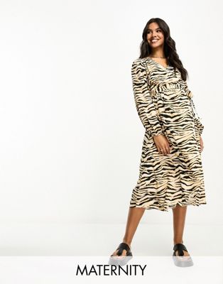 River Island Maternity Zebra Print Wrap Midi Dress In Brown
