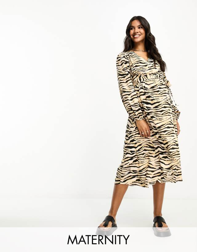 River Island Maternity - zebra print wrap midi dress in brown