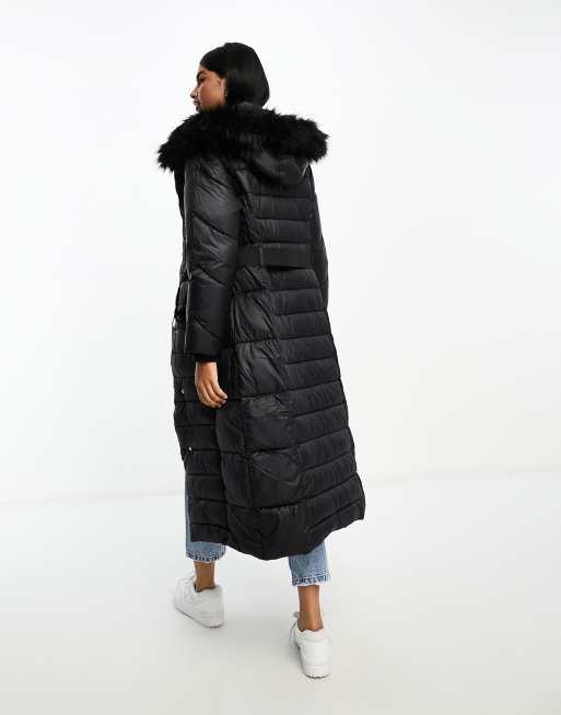 River Island Belted Faux Fur Trim Hooded Puffer Jacket