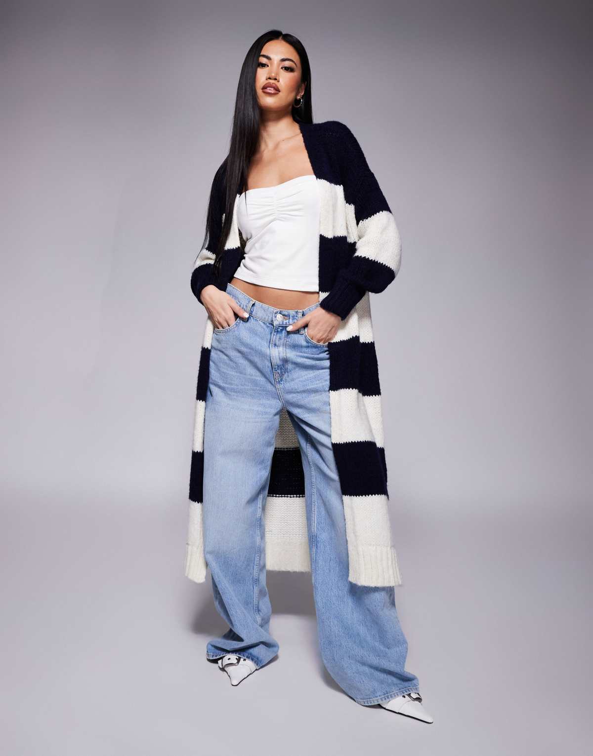 River Island maxi cardigan in navy stripe