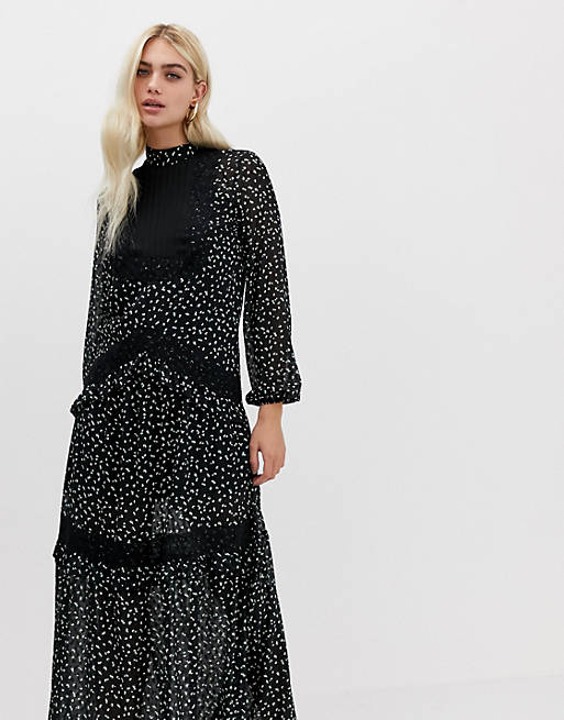River Island maxi dress with lace tiering in black | ASOS