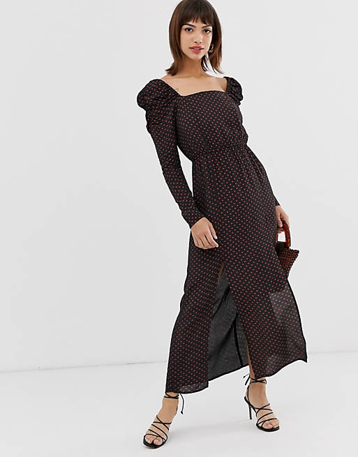 River Island maxi dress with puff sleeves in black print | ASOS