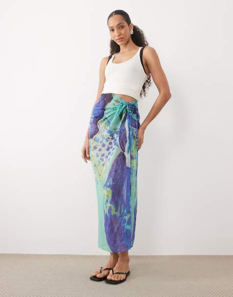 River Island - Maxi gonna da mare blu con stampa di piante - view 1