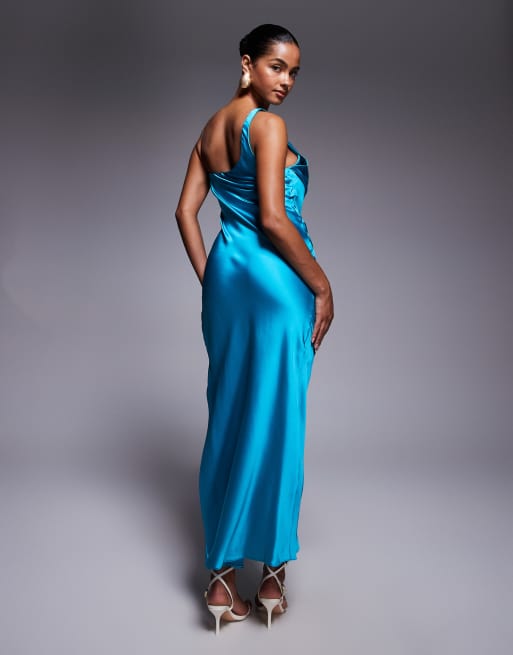 River Island - Maxi-jurk met blote schouder en gedrapeerde halslijn in turkoois, 3 van 4