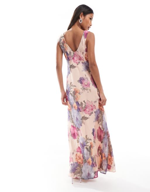 River Island - Maxi-jurk met gedrapeerde halslijn en bloemenprint in lichtroze, 3 van 4