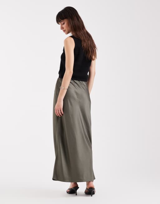 River Island - Maxi rok van satijn in kaki, 5 van 5