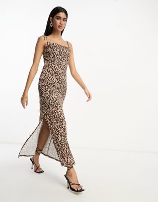 River Island square neck maxi slip dress in leopard print